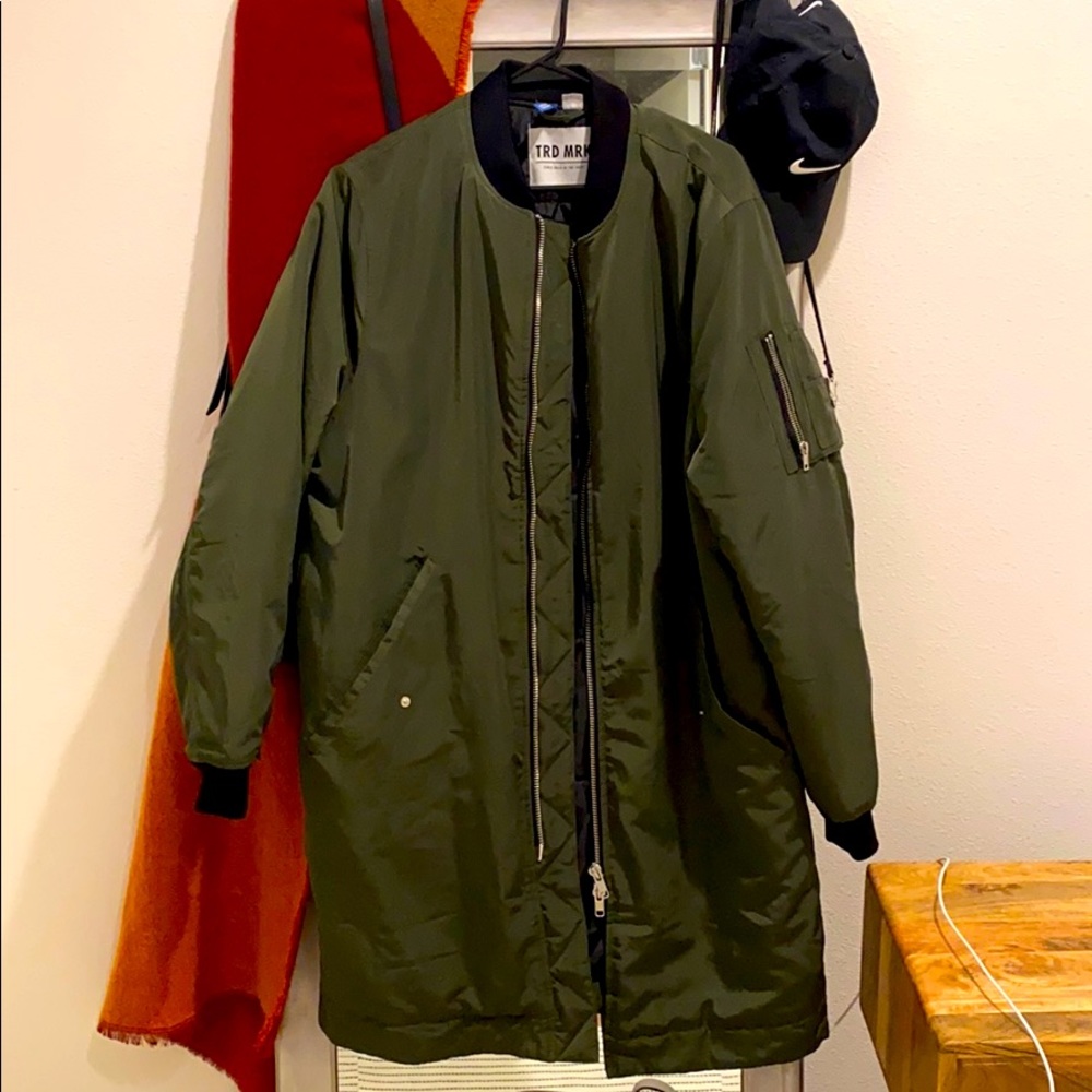 Army green long bomber jacket